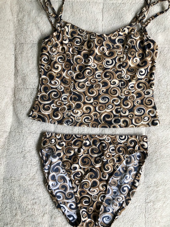 Be Creative Other - 90s Y2K Swirl Print Retro Two-Piece Tankini Swim Set in Black, Gold & White
